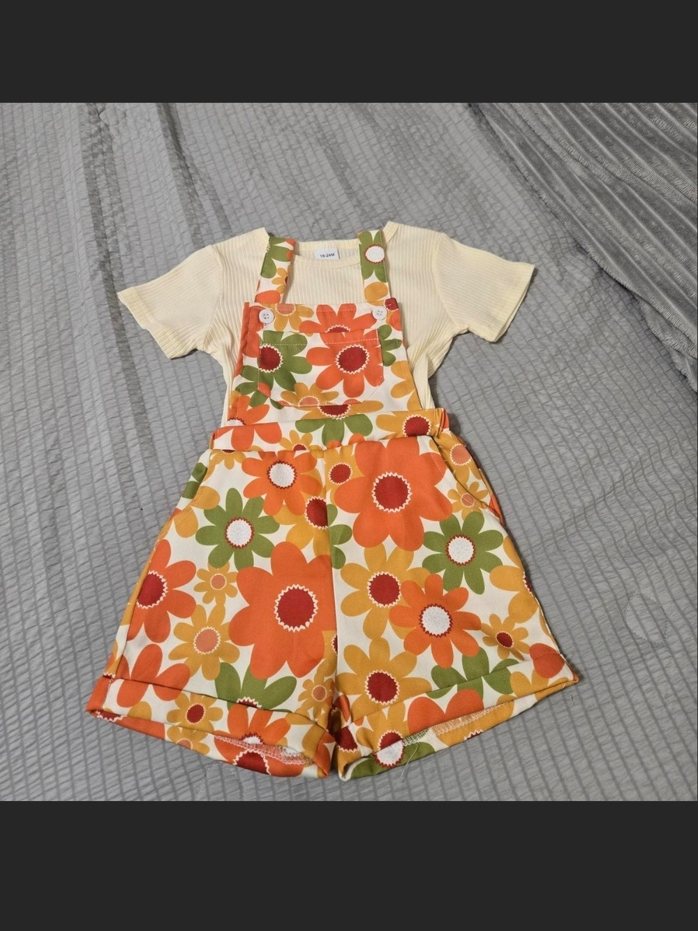 Kids Floral Orange & Green Overall Shorts with Cream Tee
